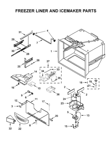 Freezer liner and icemaker parts