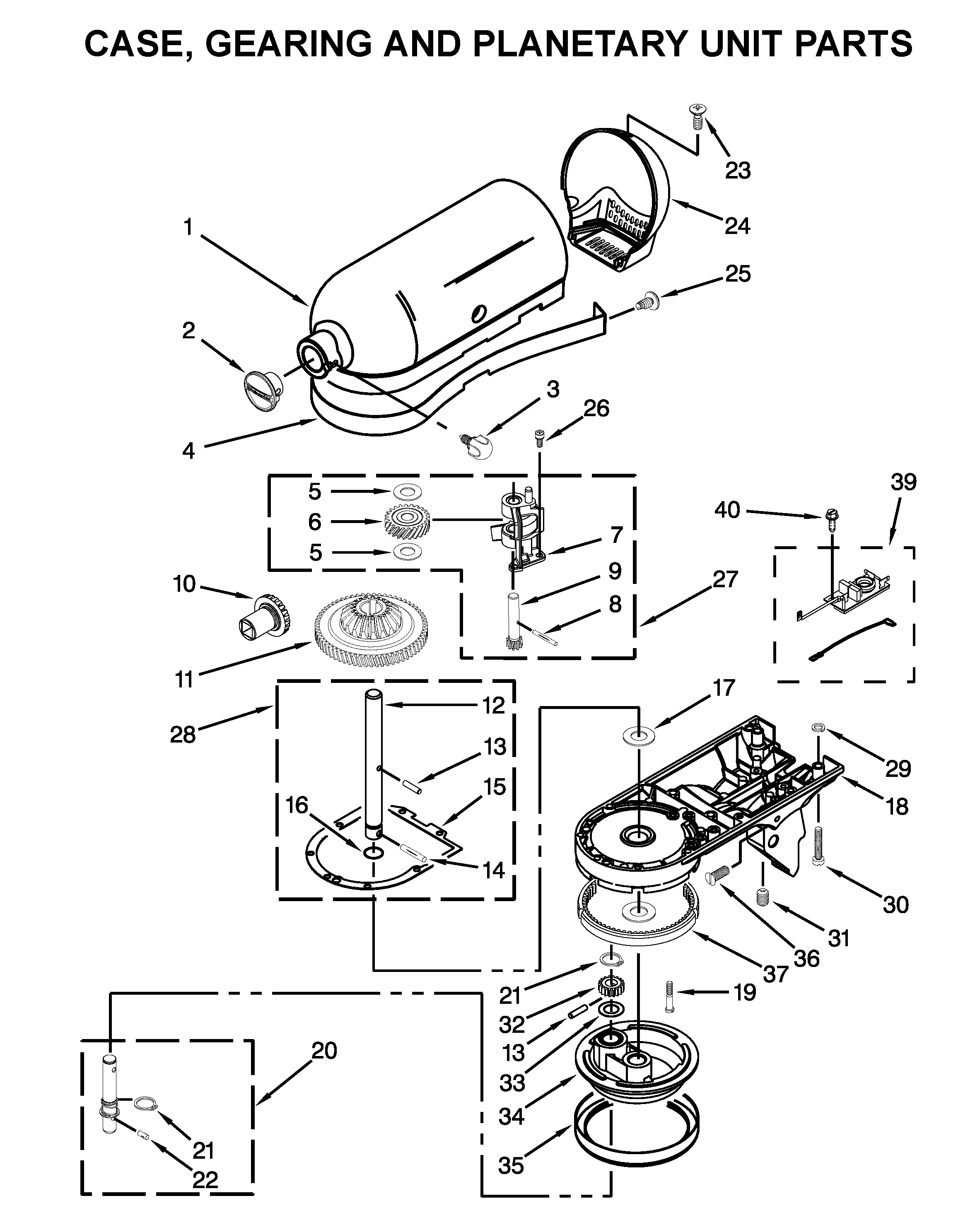 Case, gearing and planetary unit parts
