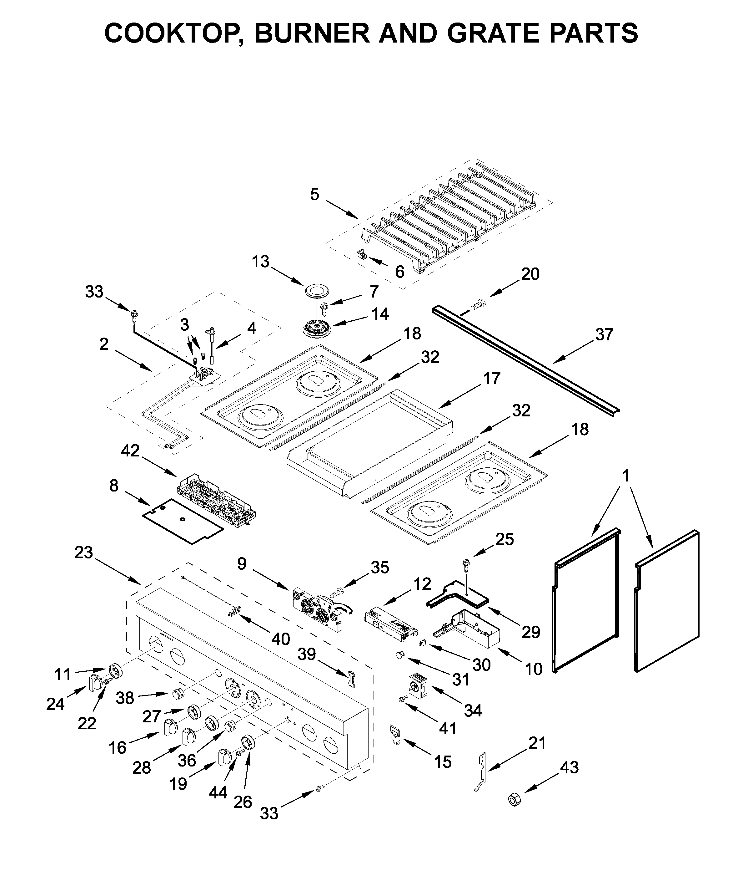 Cooktop, burner and grate parts
