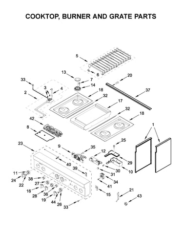 Cooktop, burner and grate parts
