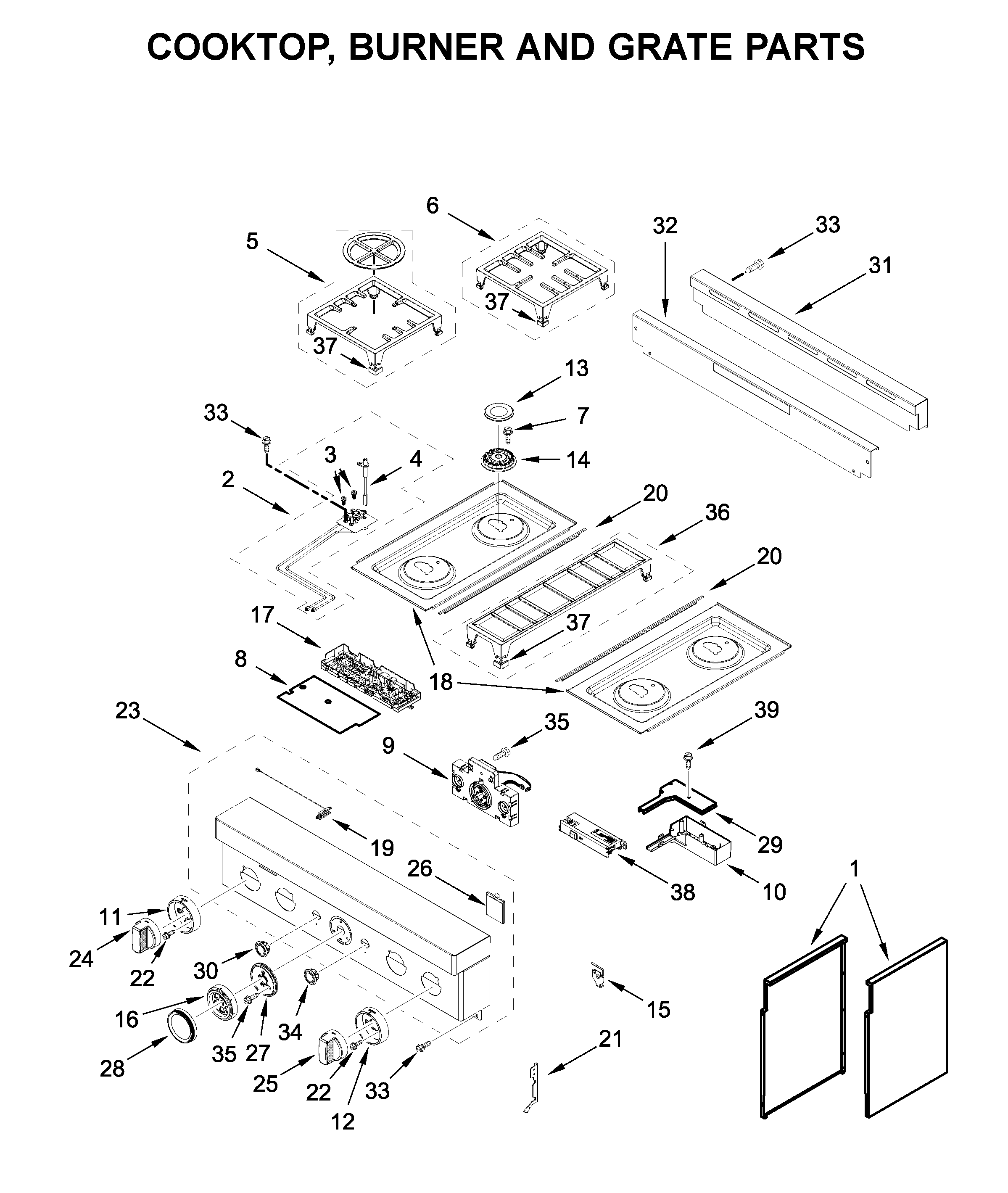Cooktop, burner and grate parts