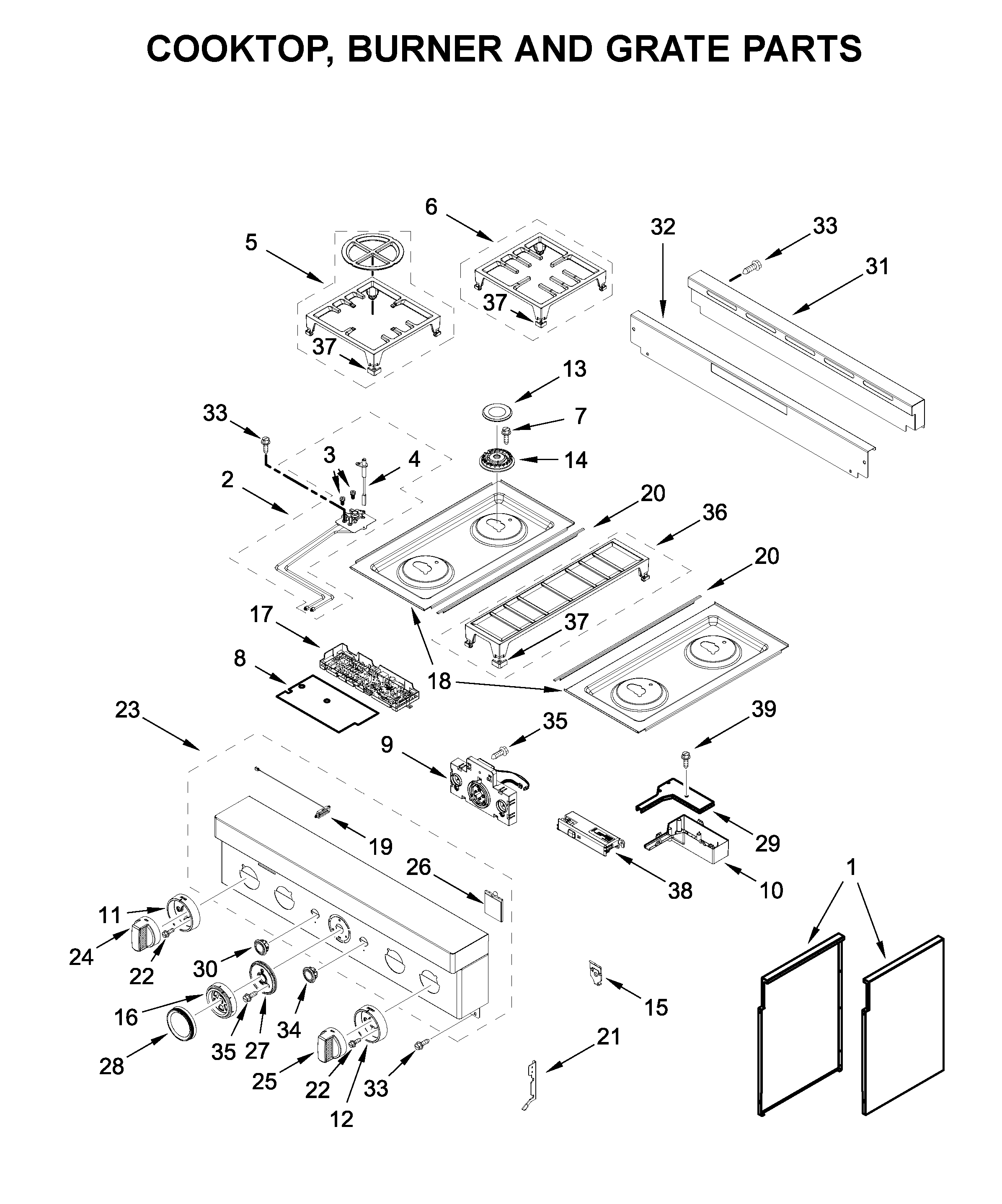 Cooktop, burner and grate parts