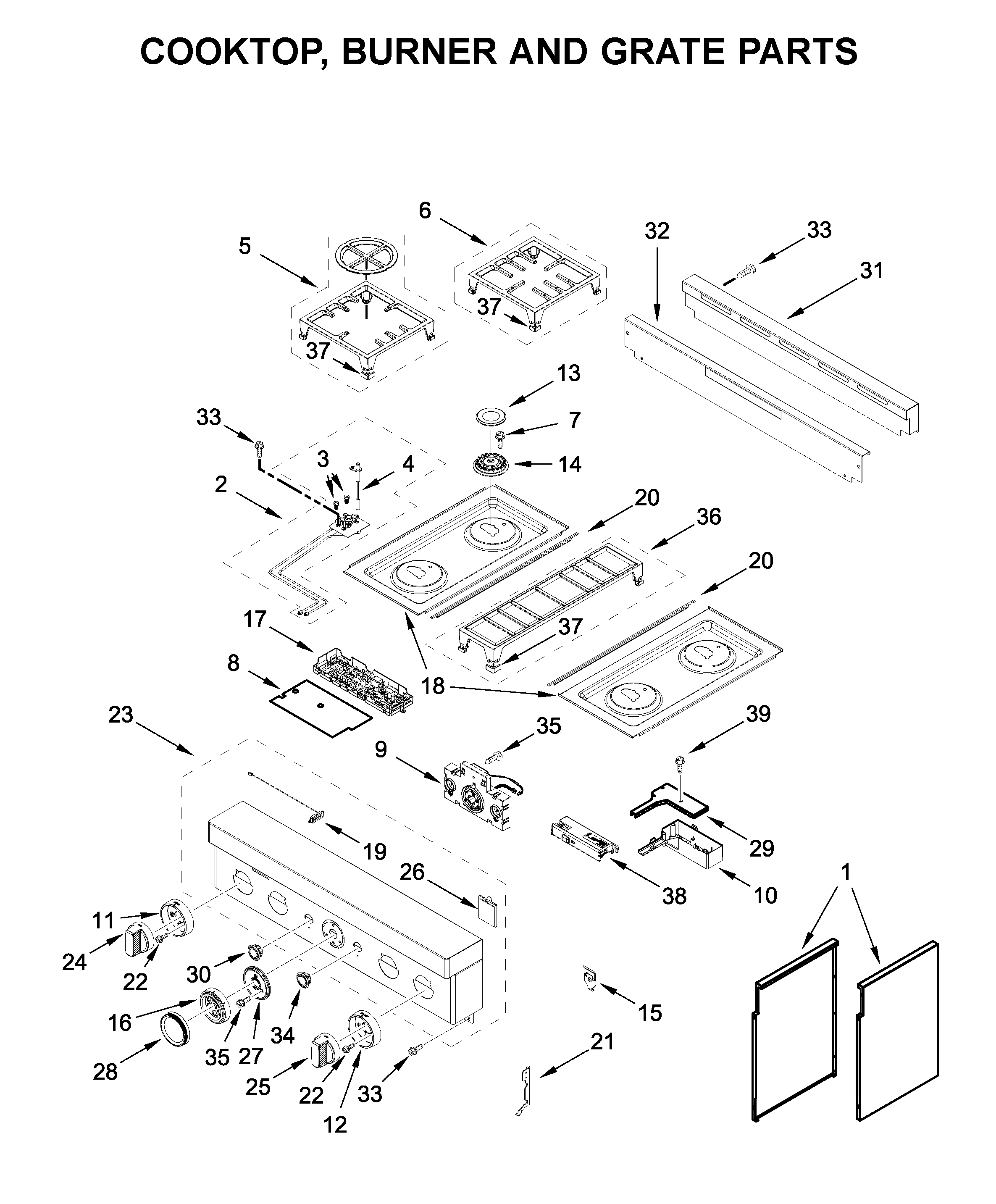 Cooktop, burner and grate parts