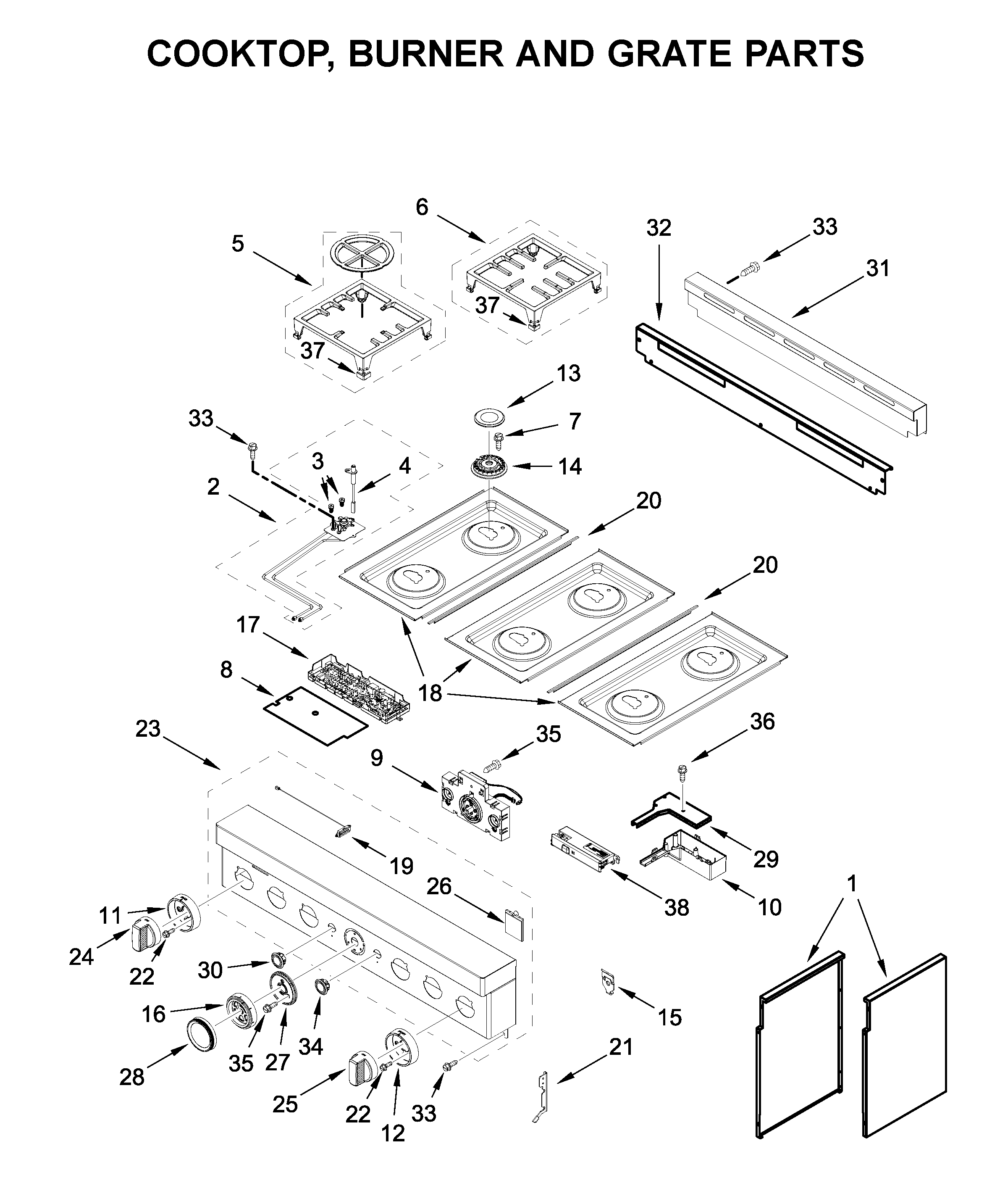 Cooktop, burner and grate parts