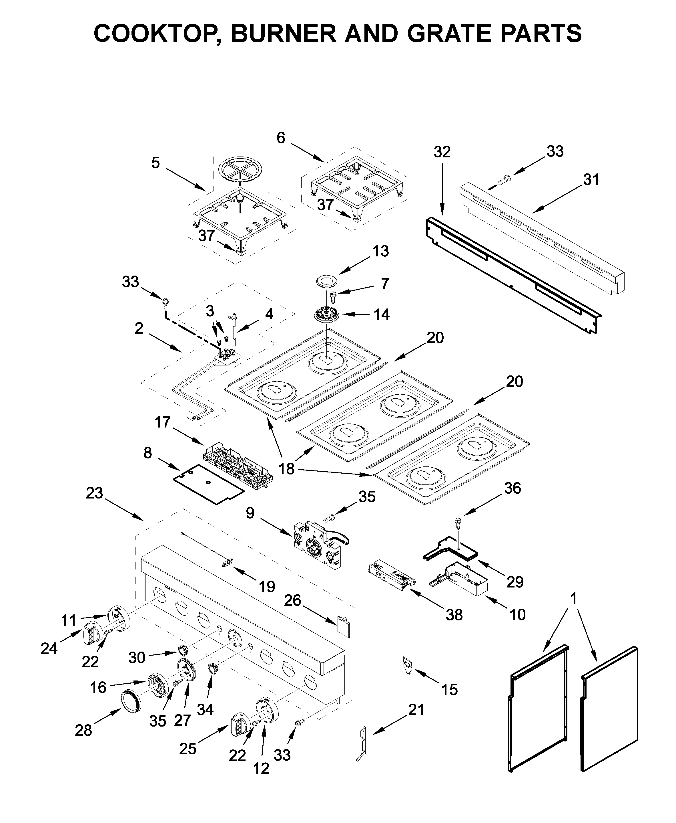 Cooktop, burner and grate parts