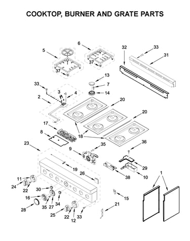 Cooktop, burner and grate parts