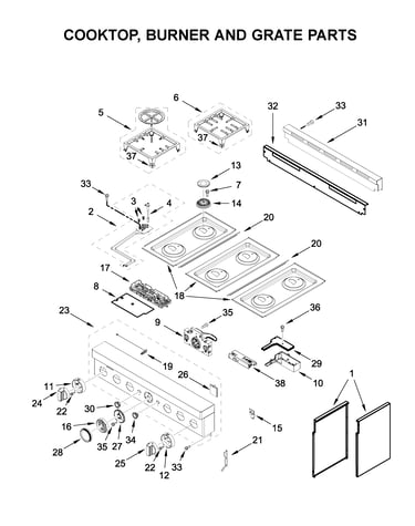 Cooktop, burner and grate parts