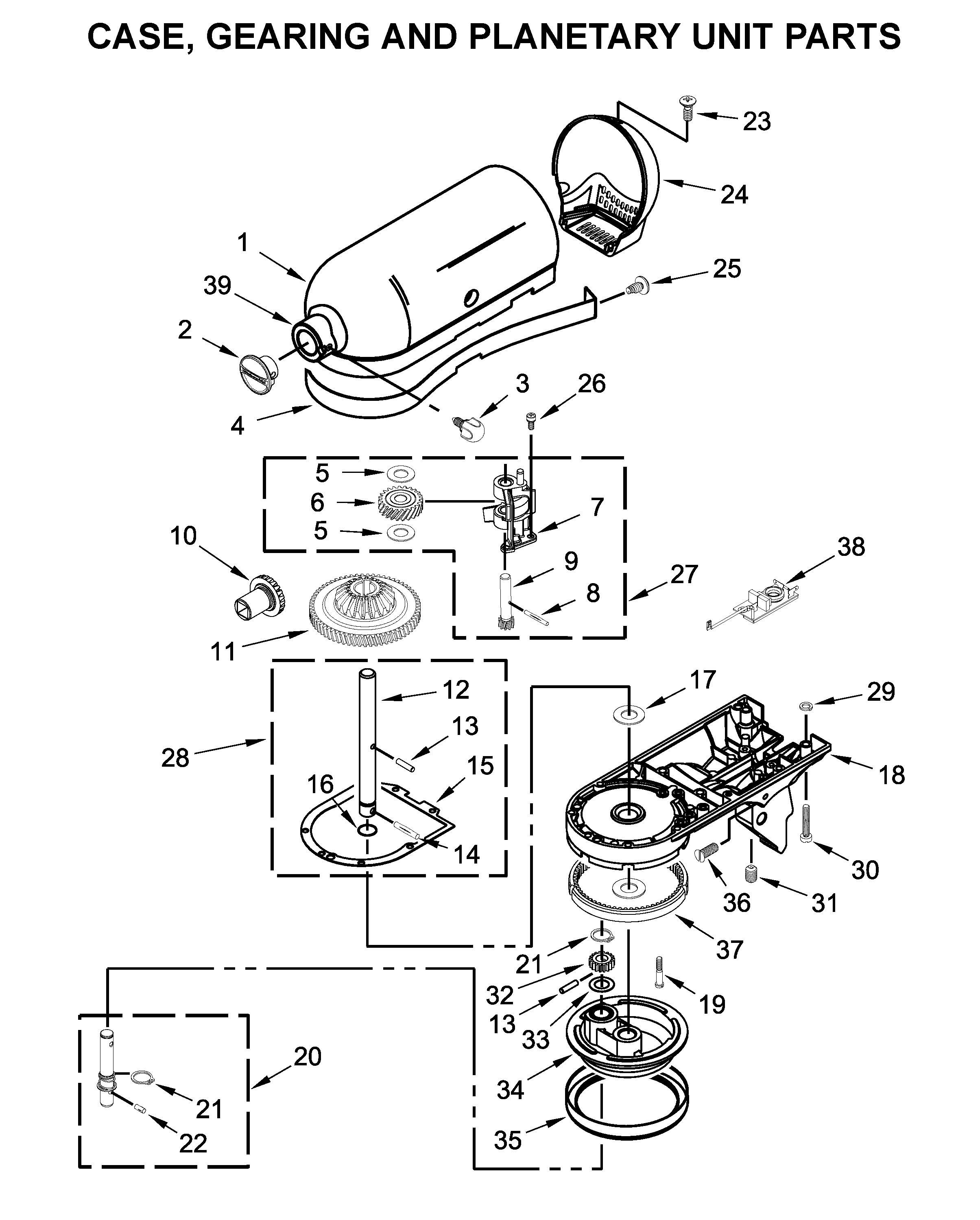 Case, gearing and planetary unit parts