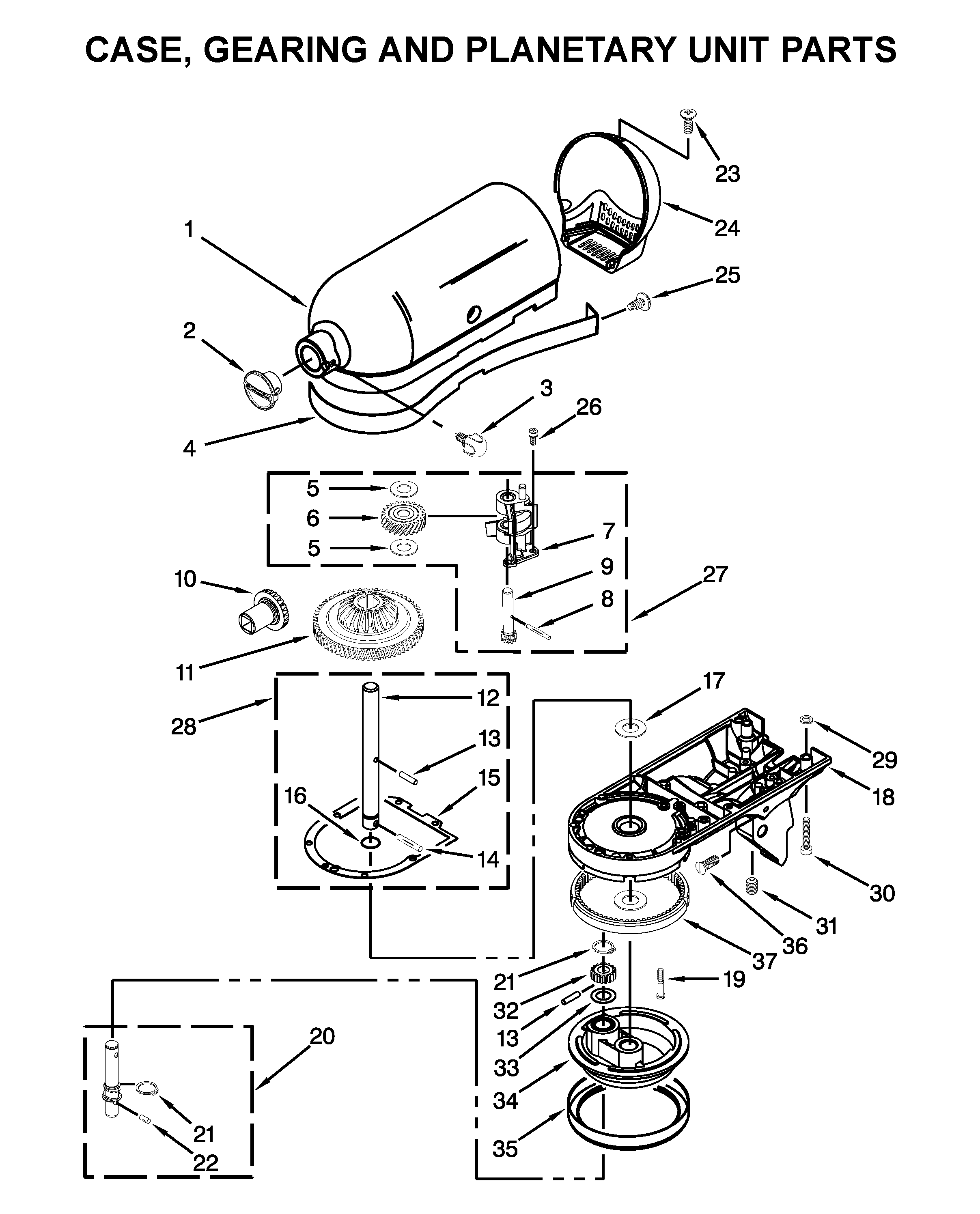 Case, gearing and planetary unit parts