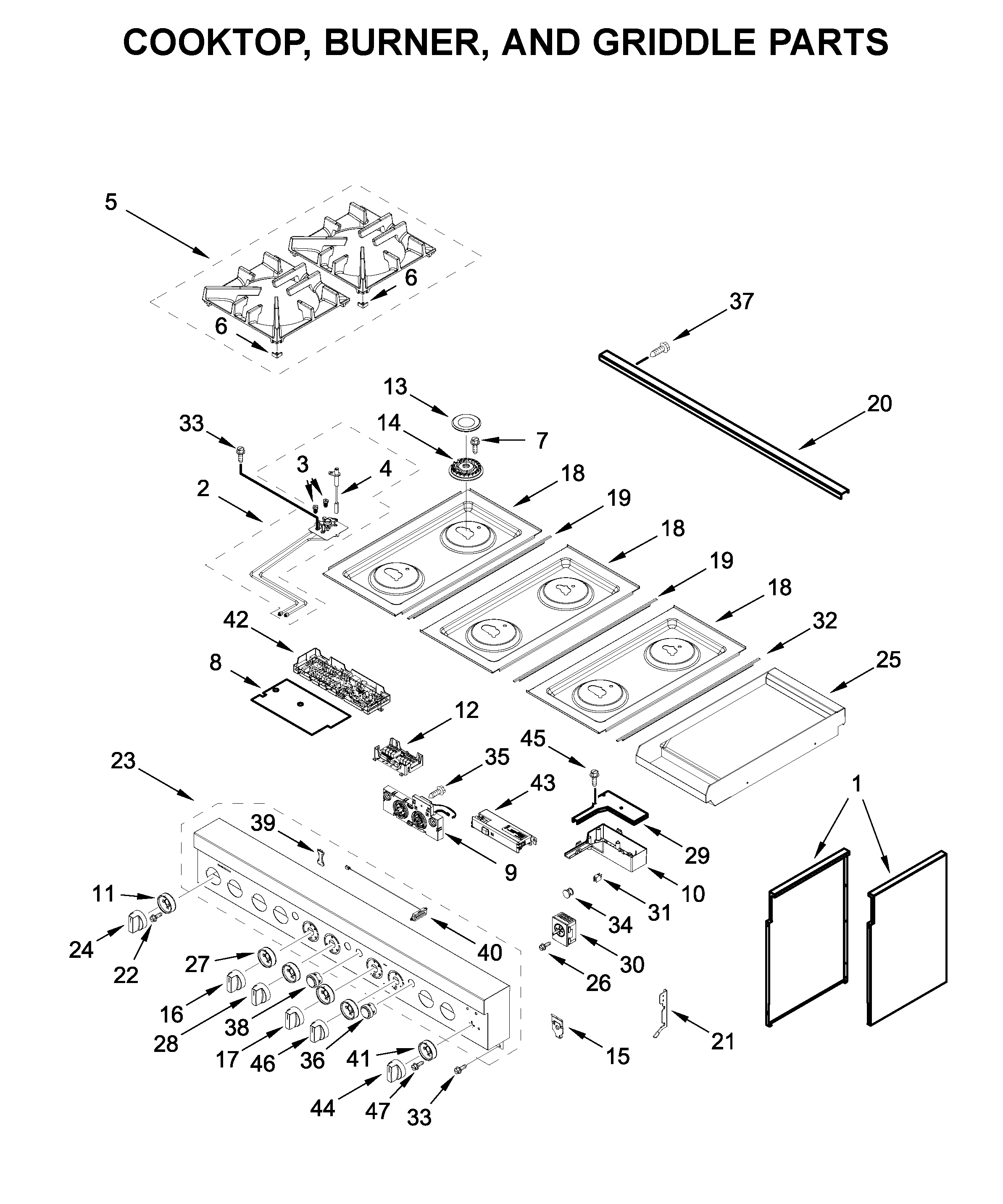 Cooktop, burner, and griddle parts