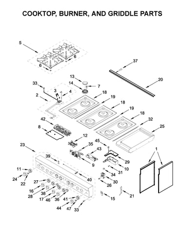 Cooktop, burner, and griddle parts