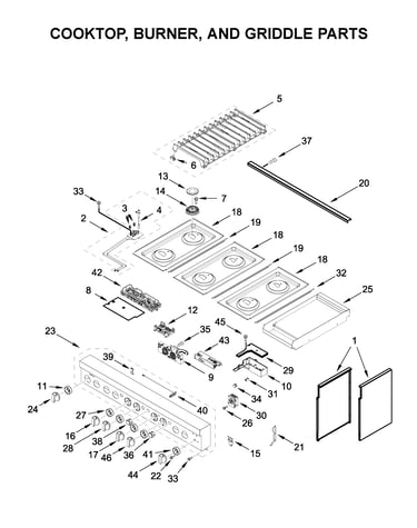 Cooktop, burner, and griddle parts
