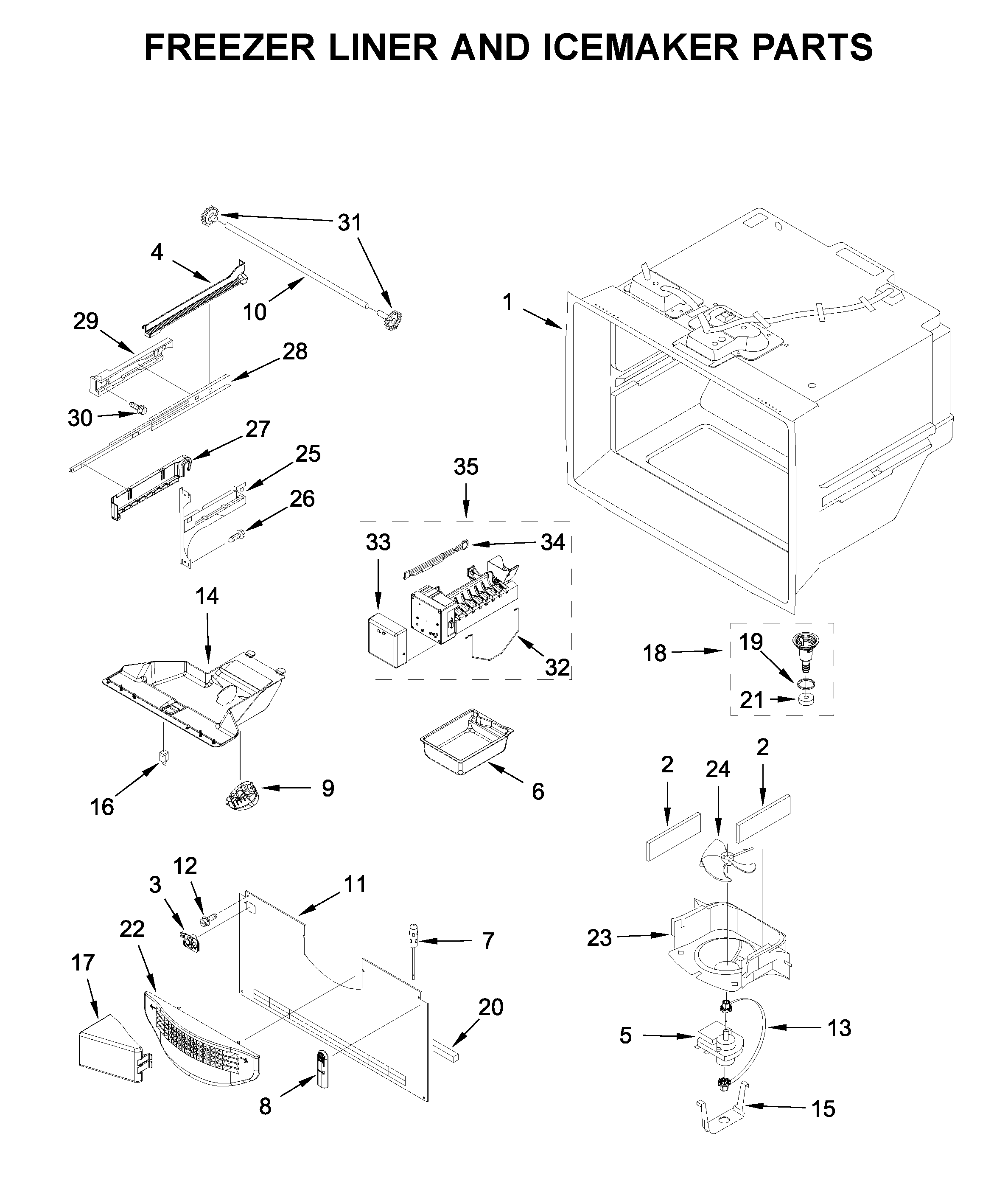 Freezer liner and icemaker parts