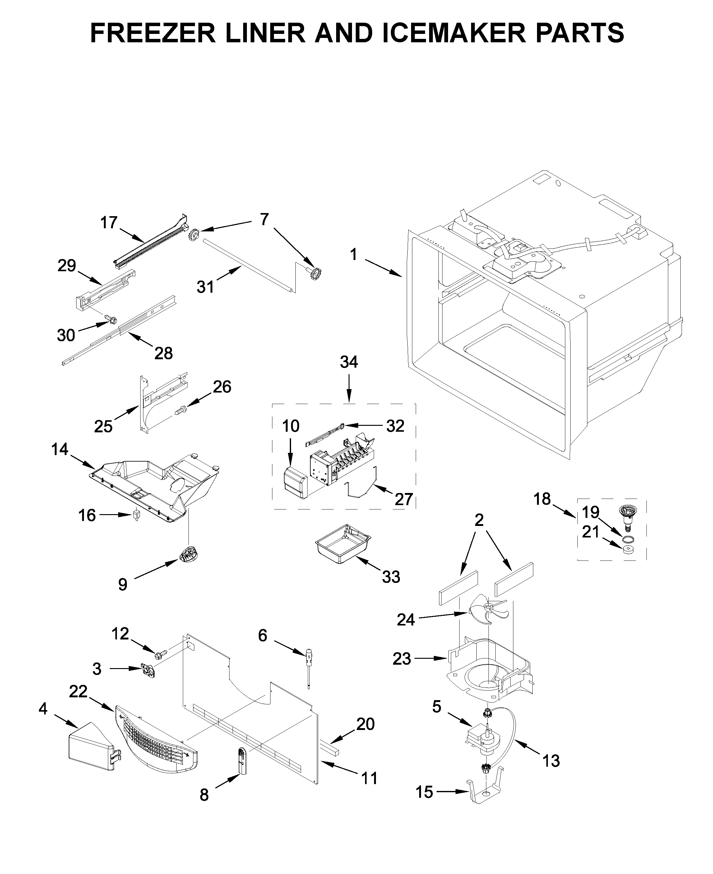 Freezer liner and icemaker parts