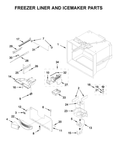 Freezer liner and icemaker parts