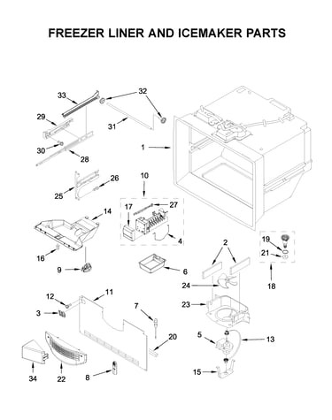 Freezer liner and icemaker parts