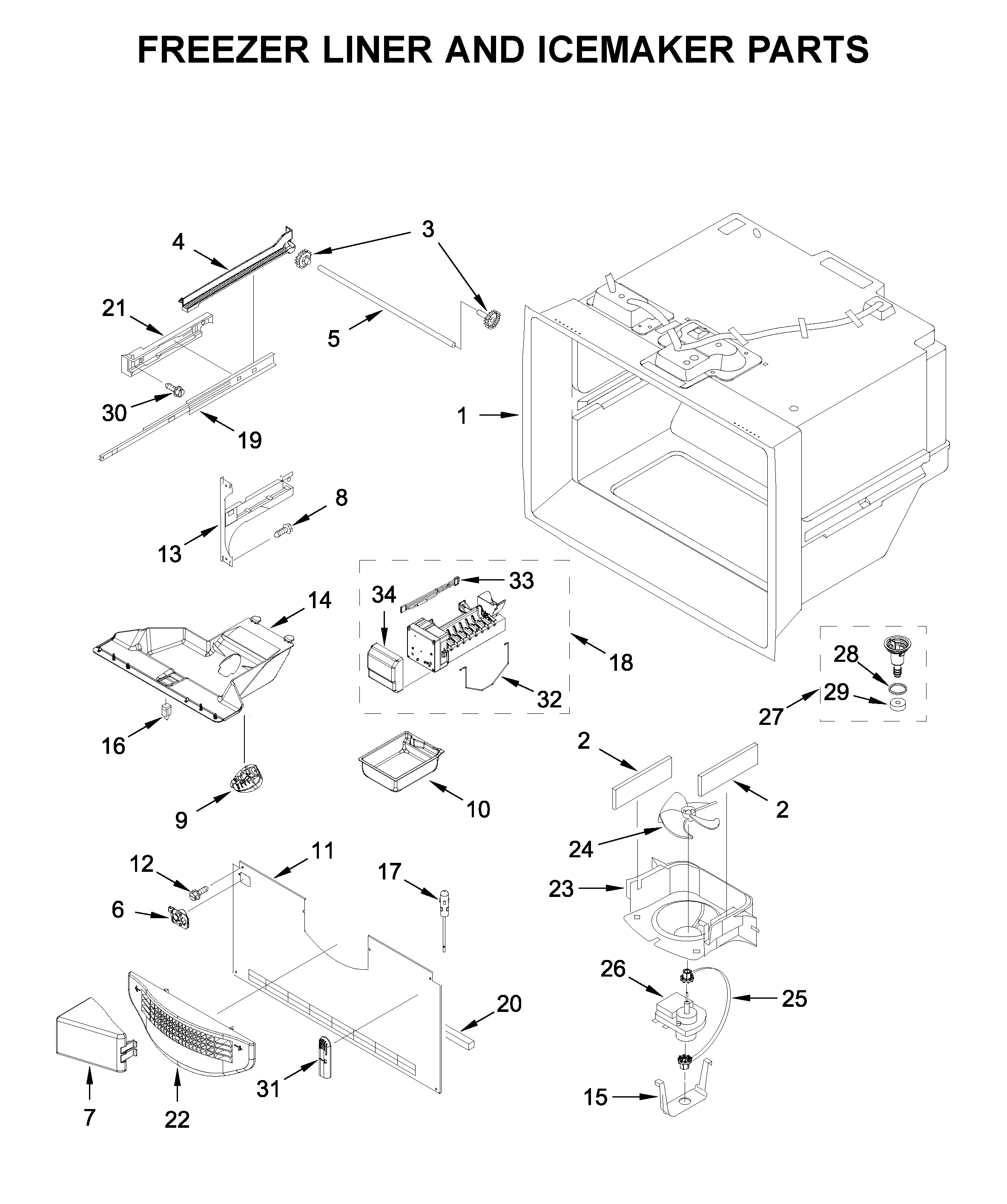 Freezer liner and icemaker parts