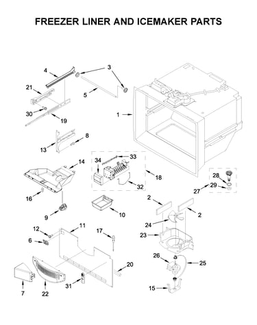 Freezer liner and icemaker parts