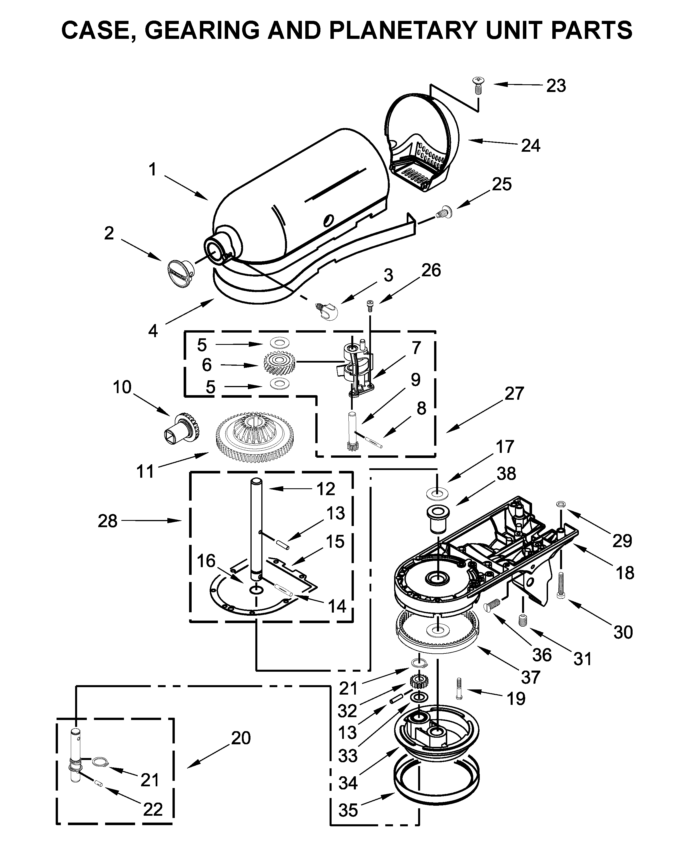 Case, gearing and planetary unit parts