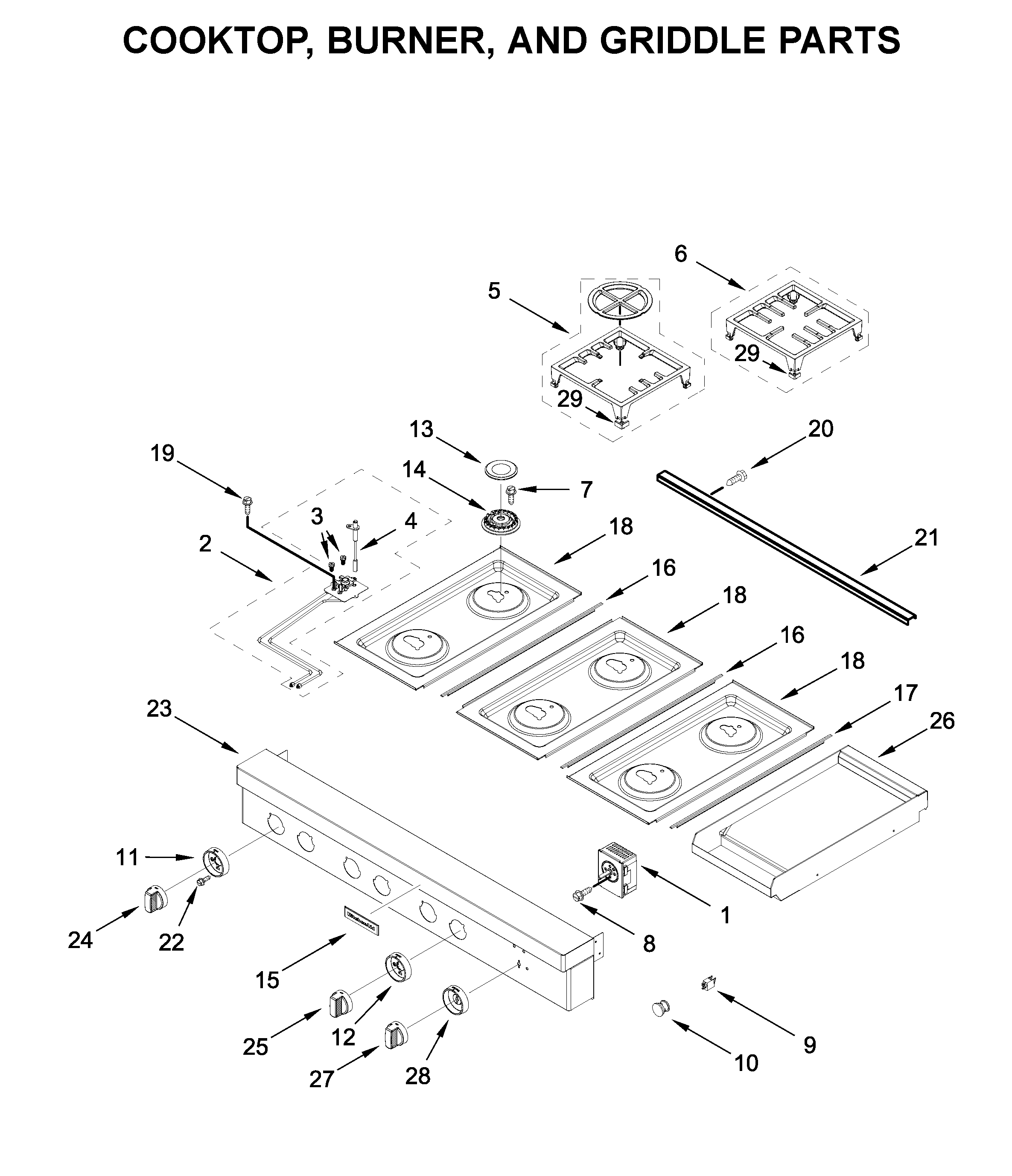 Cooktop, burner, and griddle parts