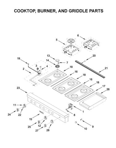 Cooktop, burner, and griddle parts
