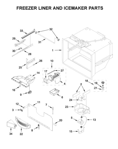 Freezer liner and icemaker parts
