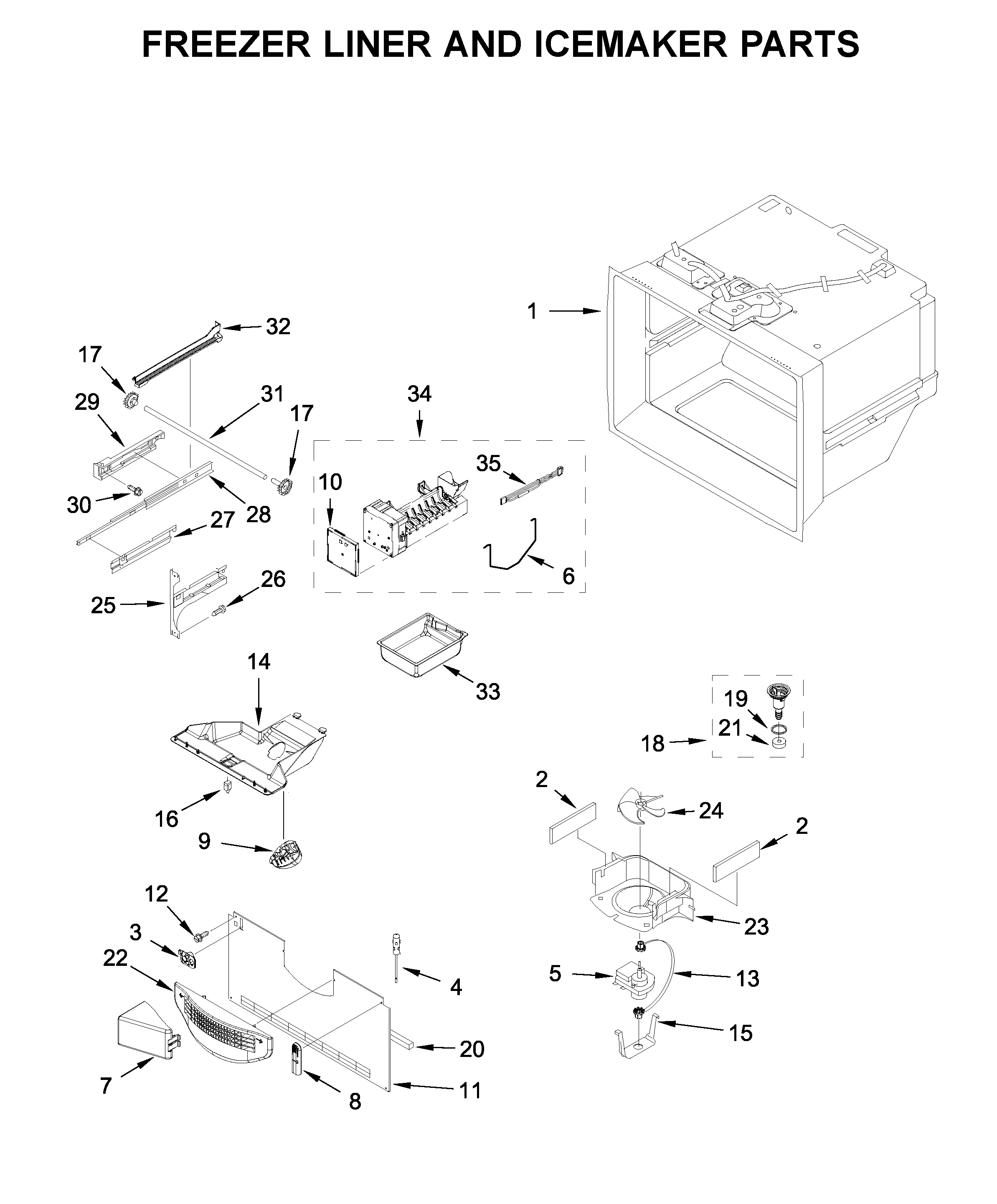 Freezer liner and icemaker parts
