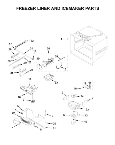 Freezer liner and icemaker parts