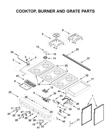 Cooktop, burner and grate parts