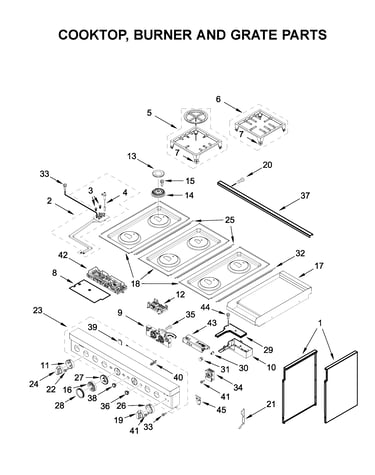 Cooktop, burner and grate parts