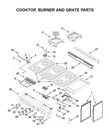 Cooktop, burner and grate parts