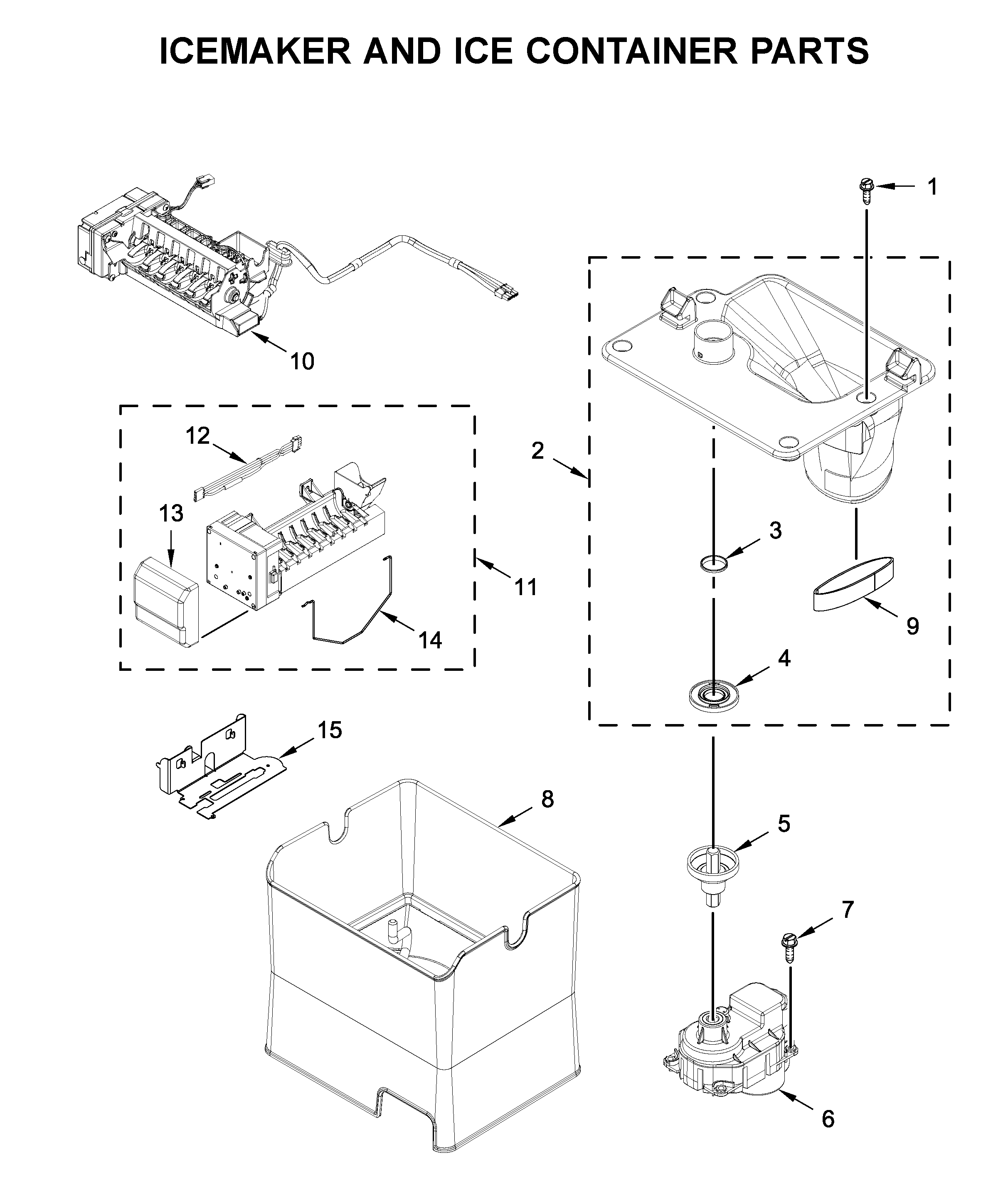 Icemaker and ice container parts