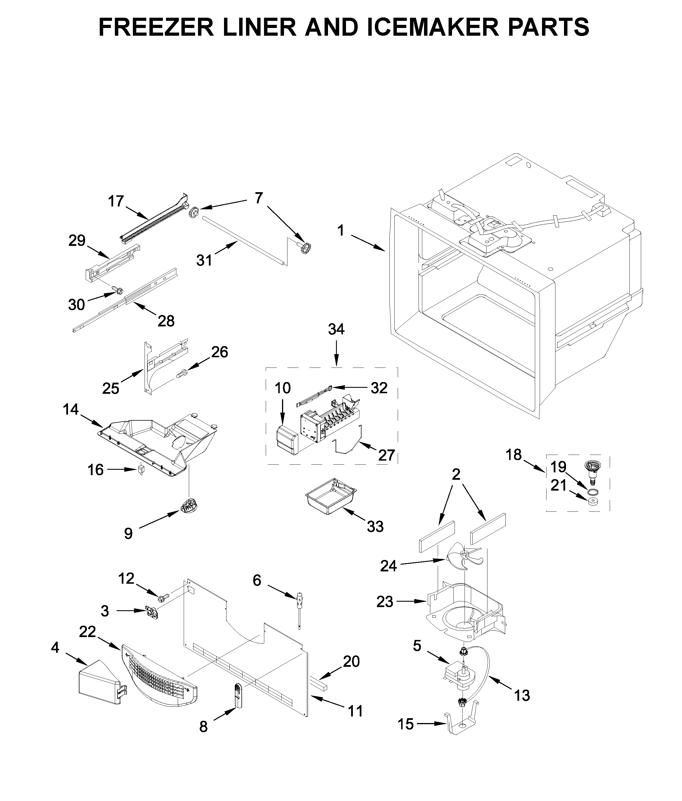 Freezer liner and icemaker parts