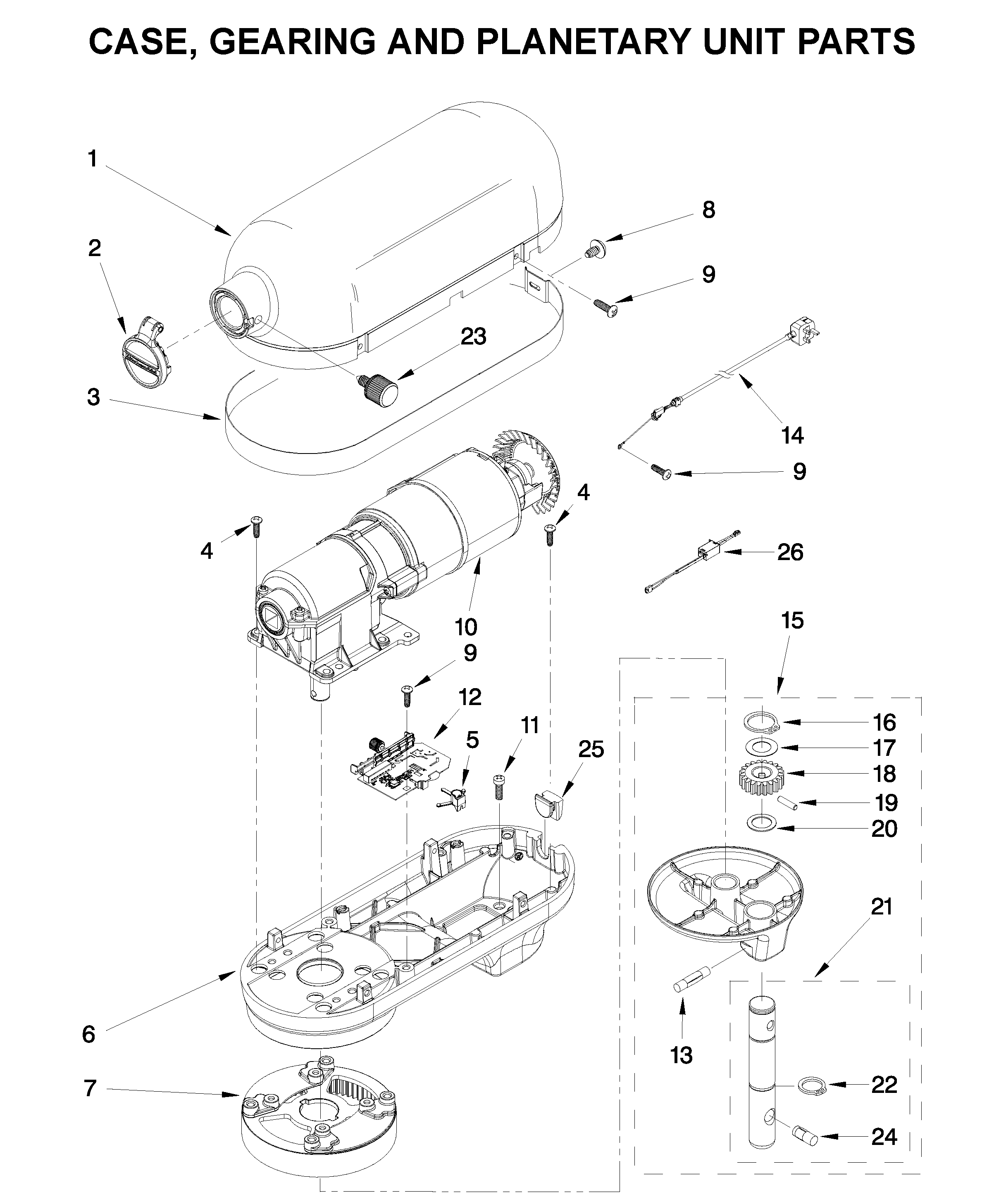 Case, gearing and planetary unit parts