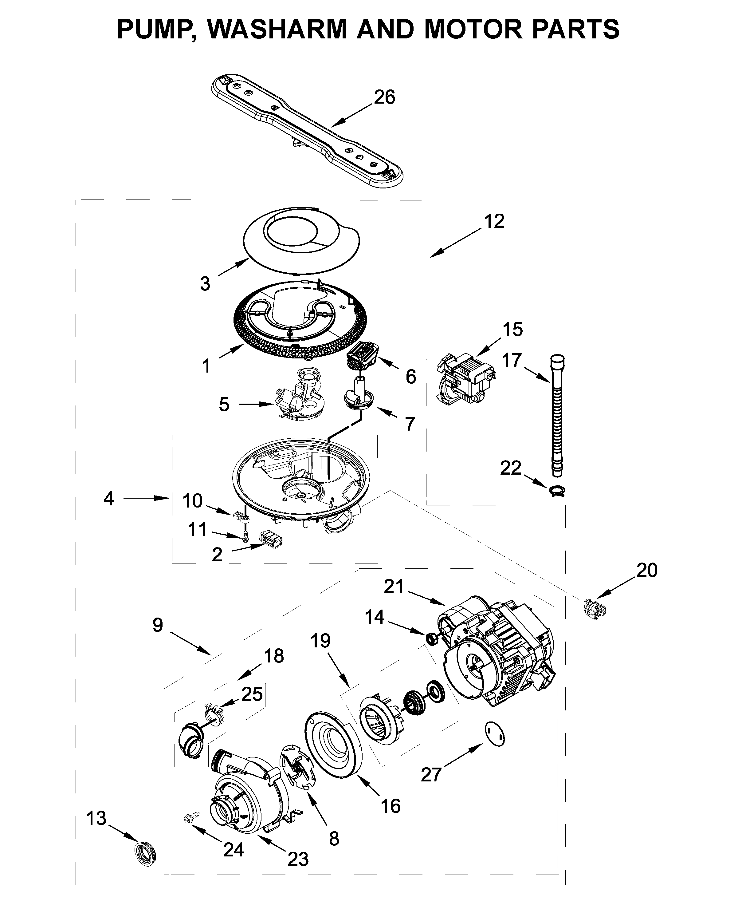 Pump, washarm and motor parts