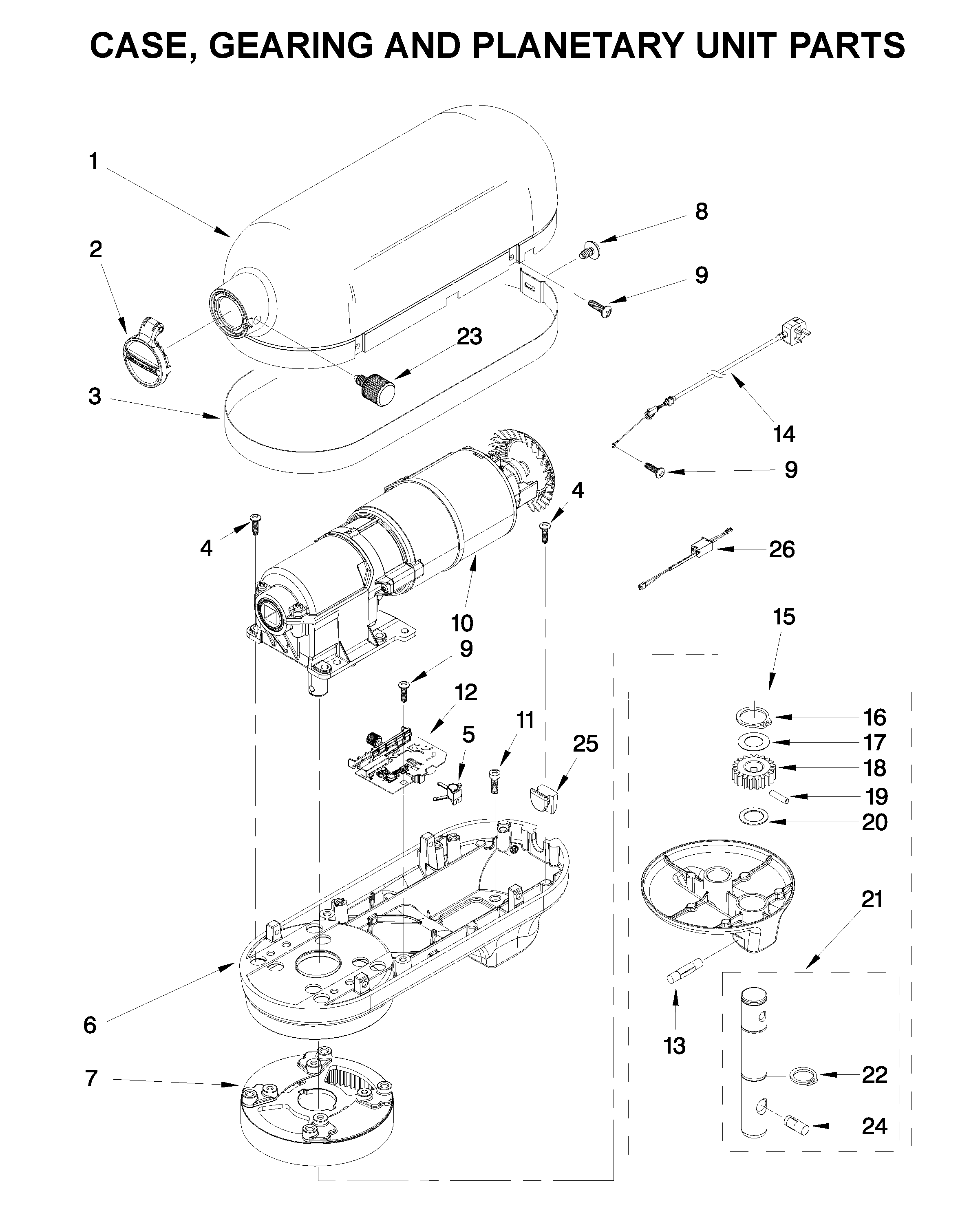 Case, gearing and planetary unit parts