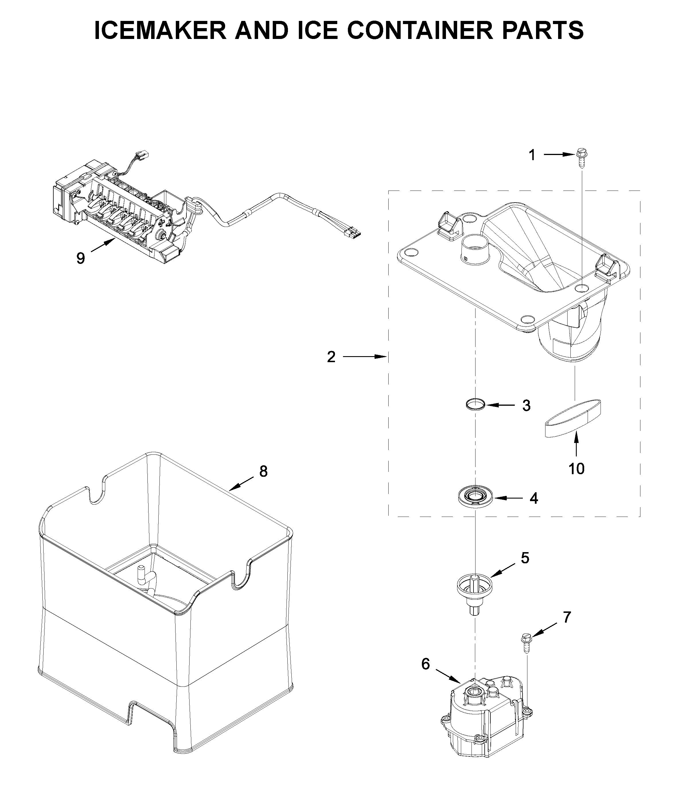 Icemaker and ice container parts