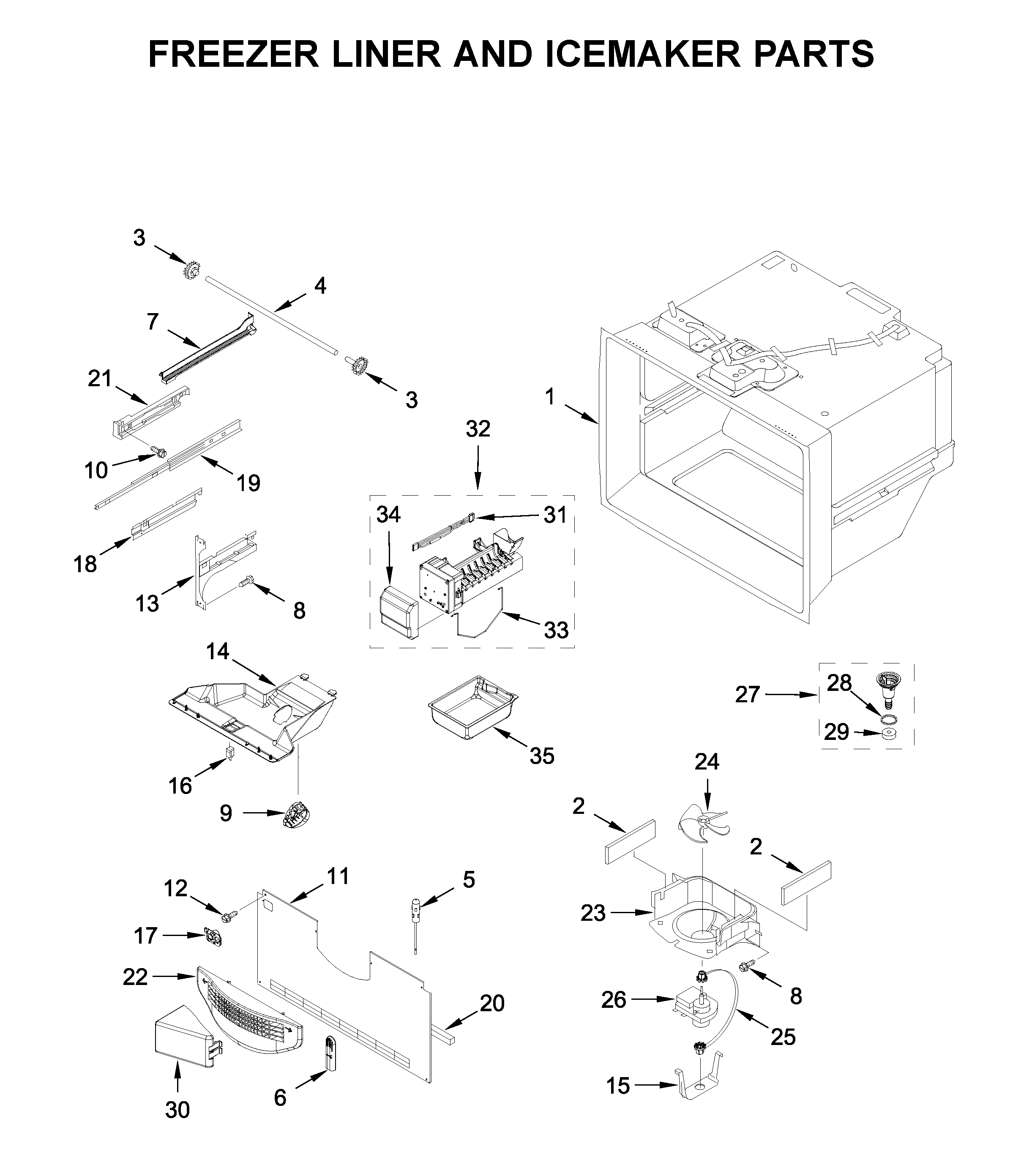 Freezer liner and icemaker parts