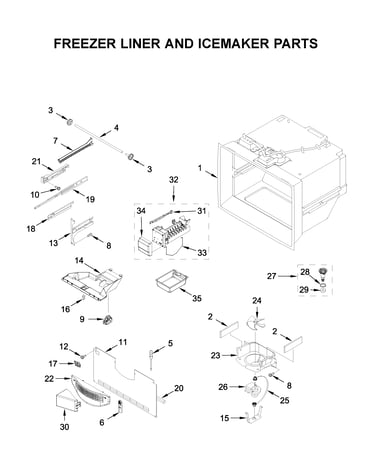 Freezer liner and icemaker parts