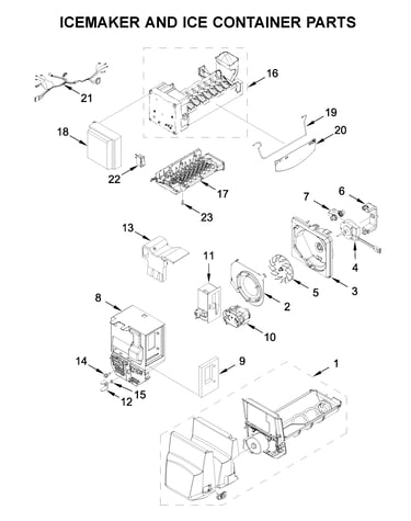 Icemaker and ice container parts