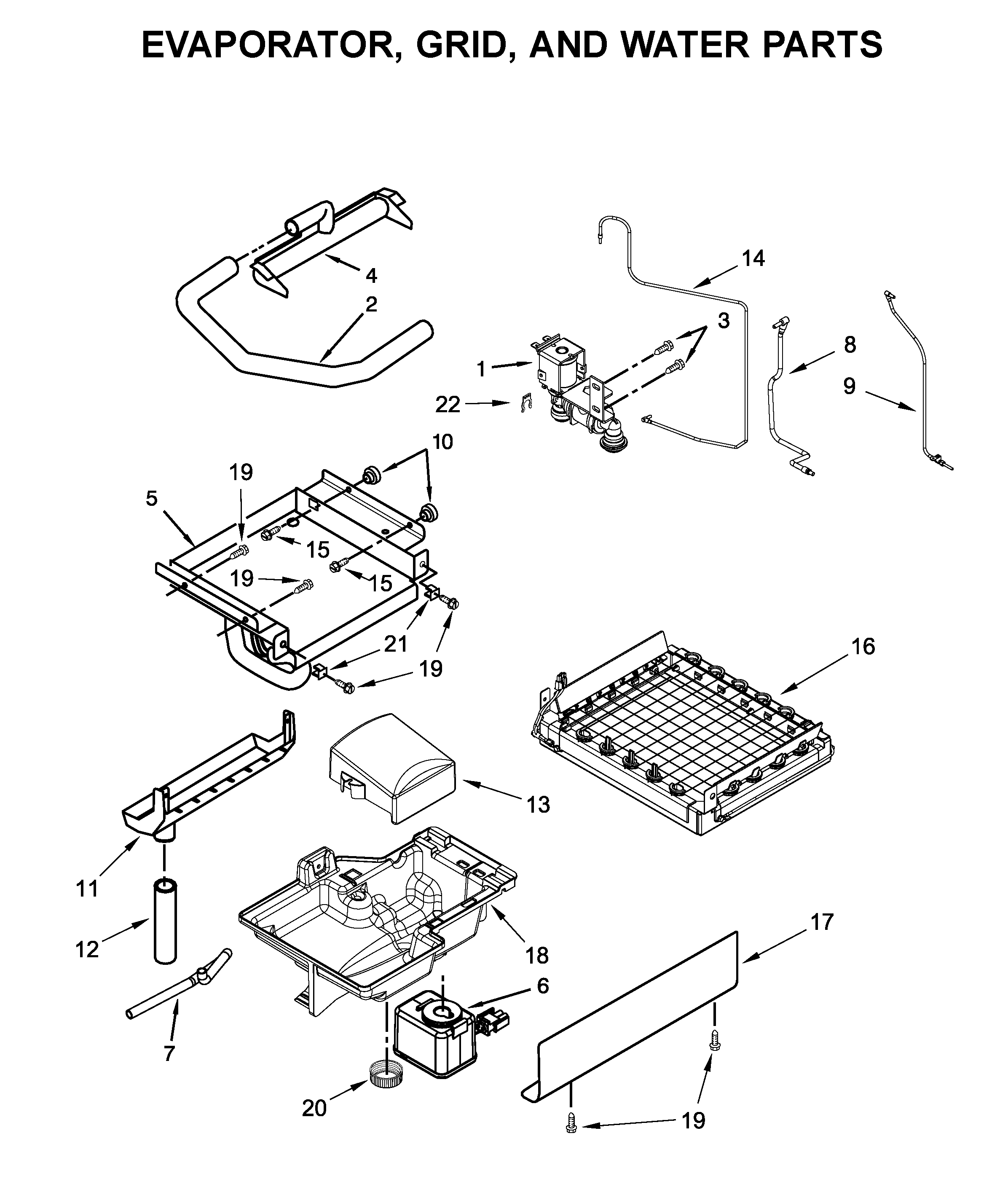Evaporator, grid, and water parts