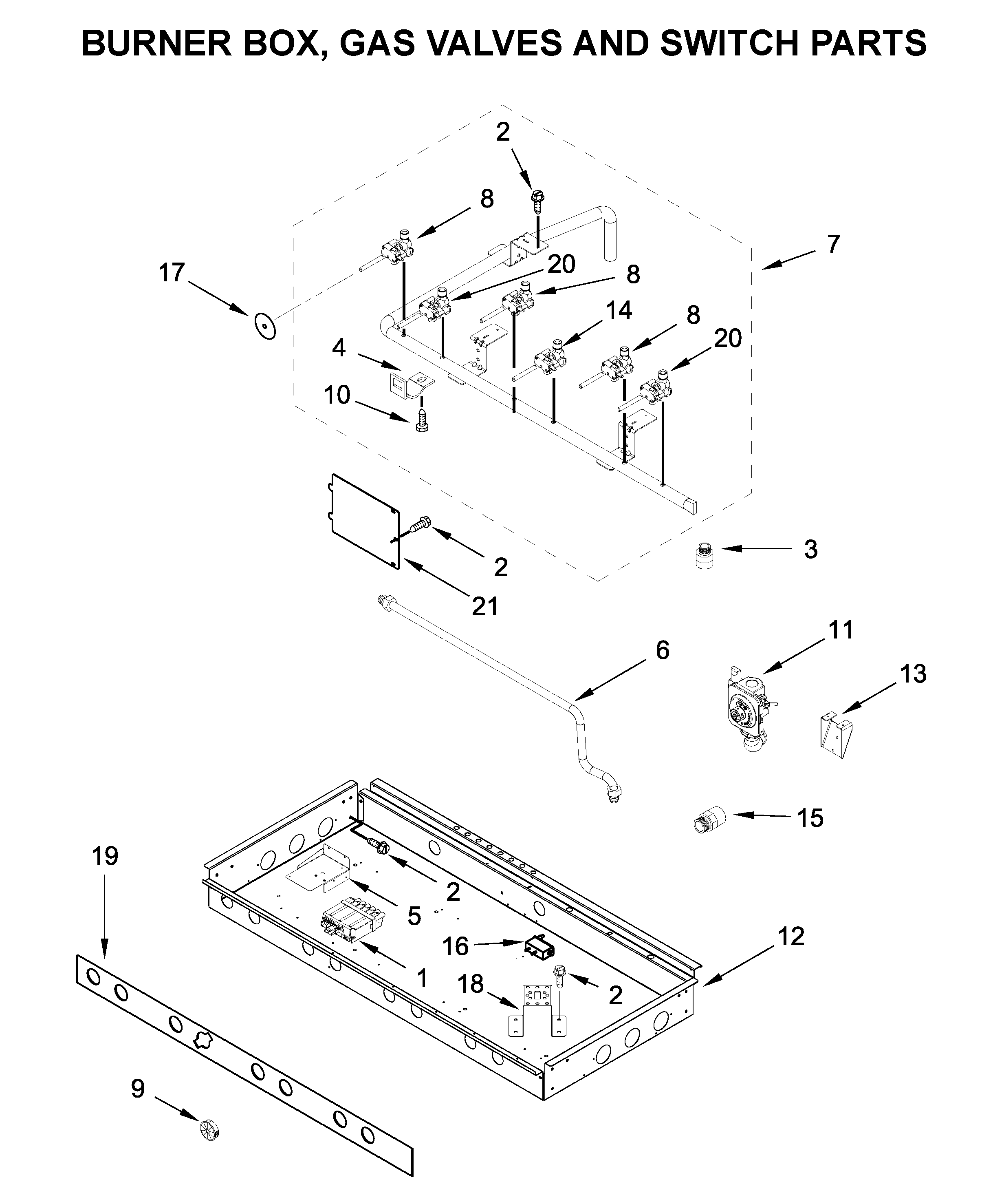 Burner box, gas valves and switch parts