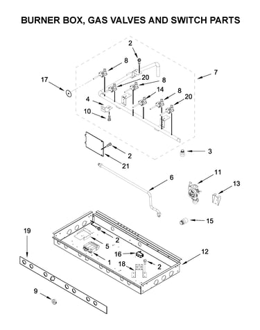 Burner box, gas valves and switch parts