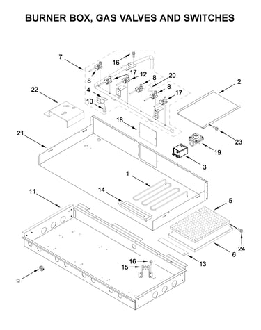 Burner box, gas valves and switches