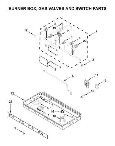 Burner box, gas valves and switch parts