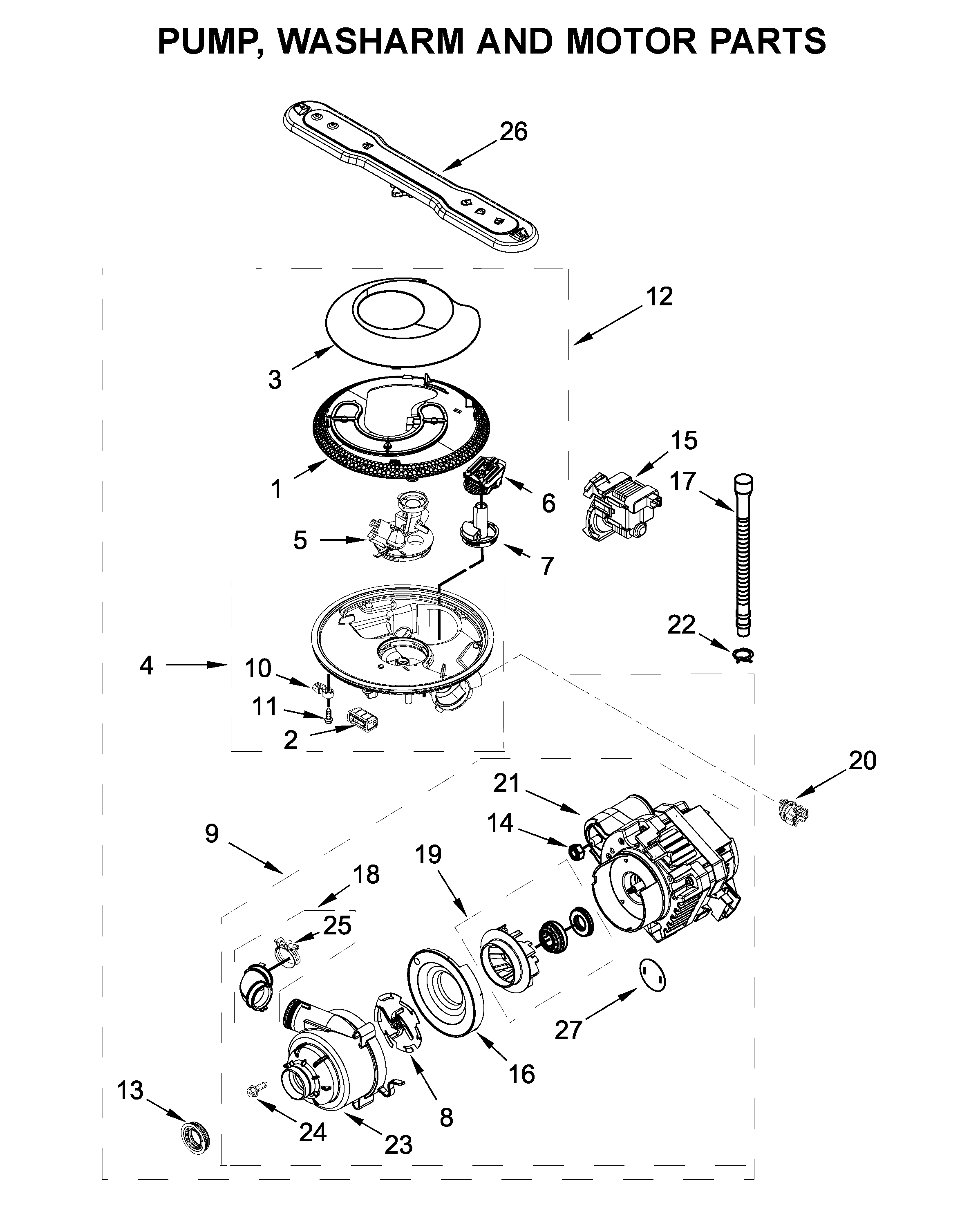 Pump, washarm and motor parts