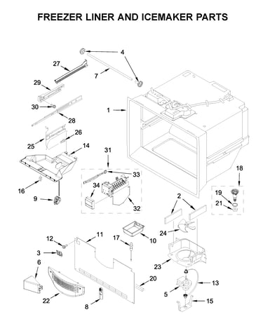 Freezer liner and icemaker parts