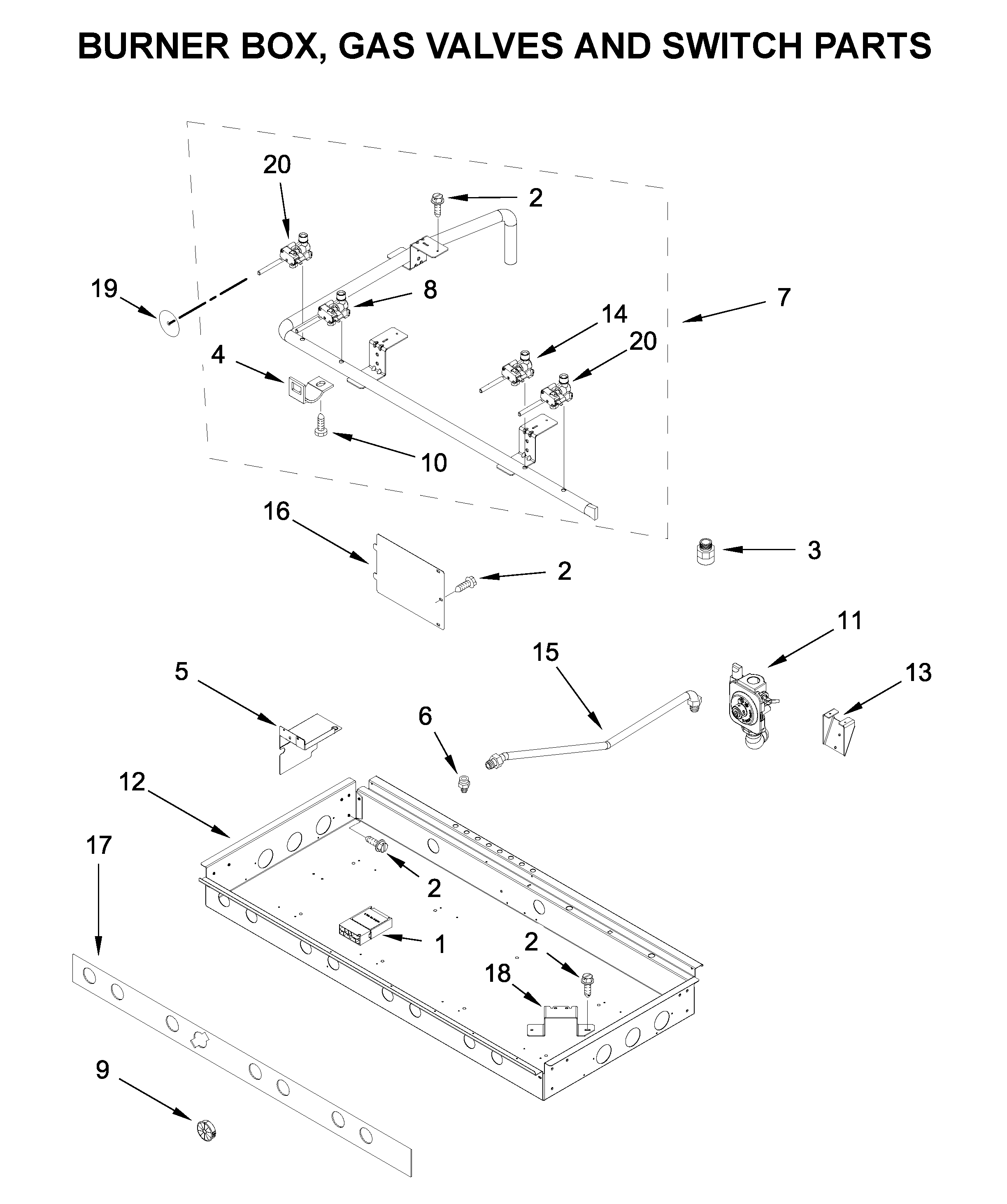 BURNER BOX, GAS VALVES AND SWITCH PARTS