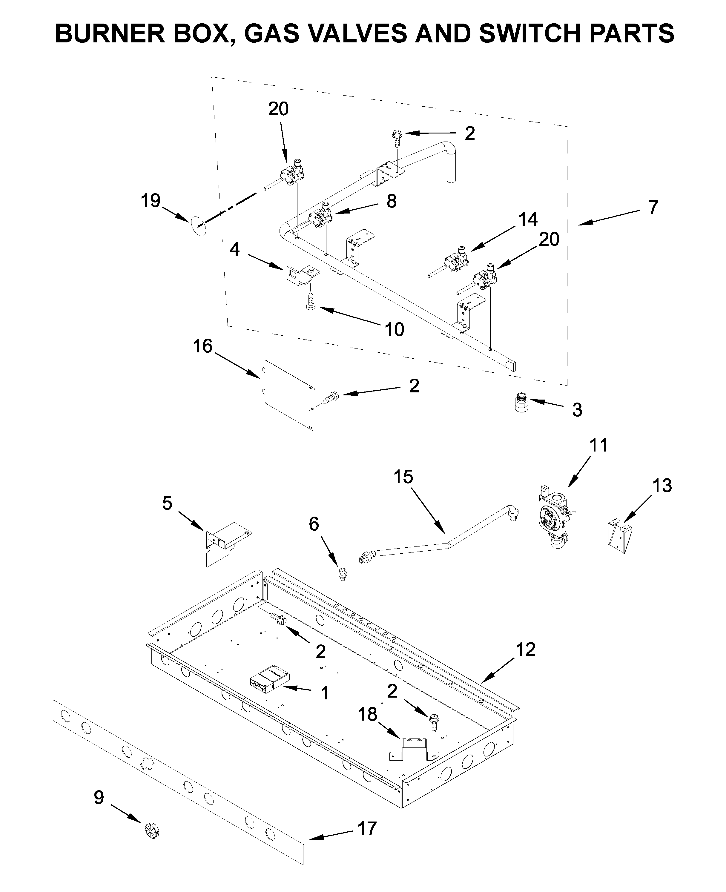 BURNER BOX, GAS VALVES AND SWITCH PARTS