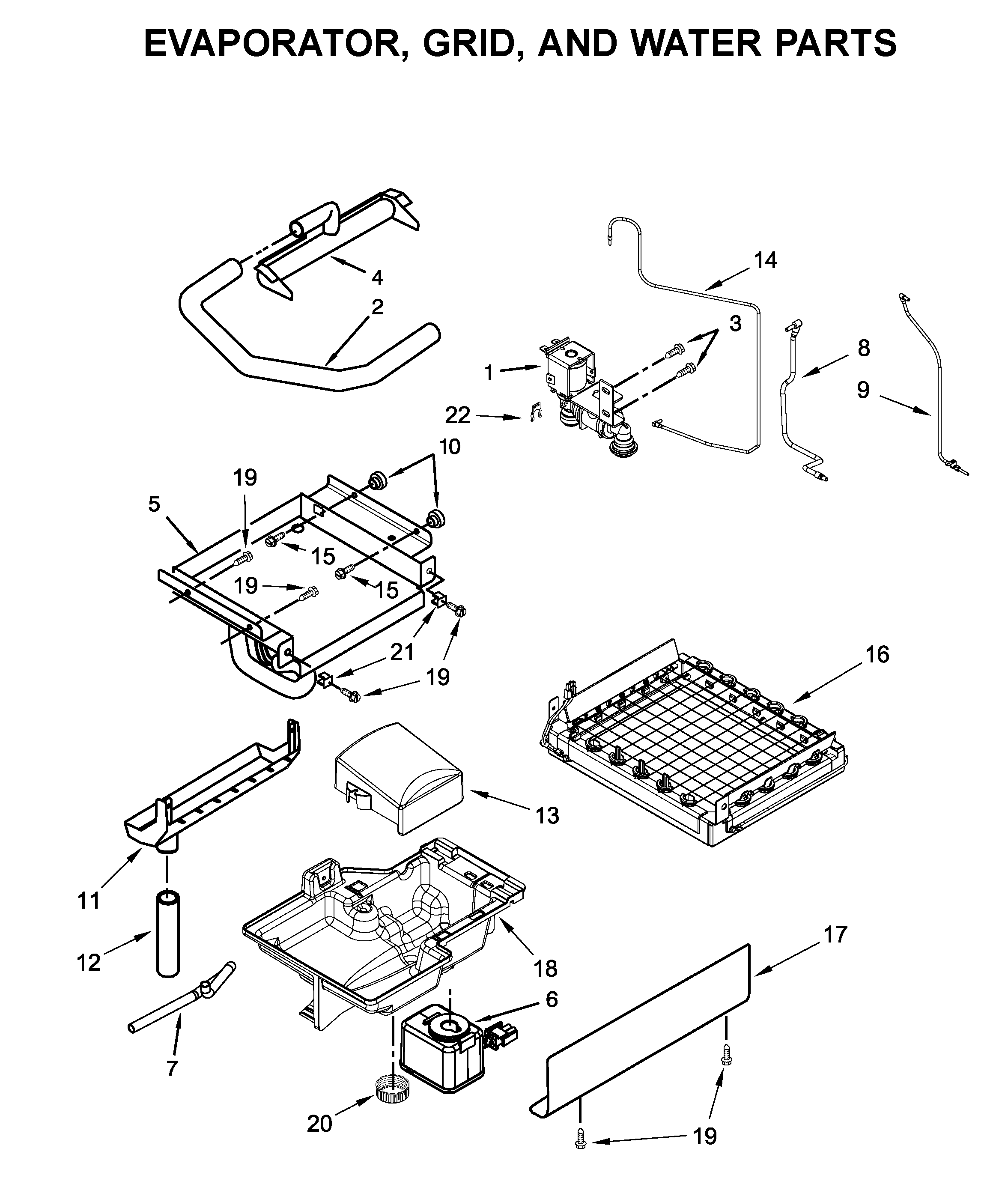 Evaporator, grid, and water parts